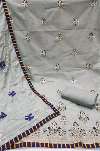 Grey embroidered chanderi churidar dress-materials