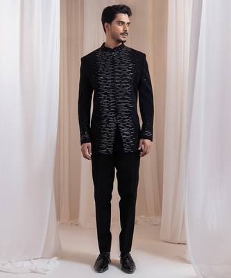 Black embroidered lycra Bandhgala Set 1