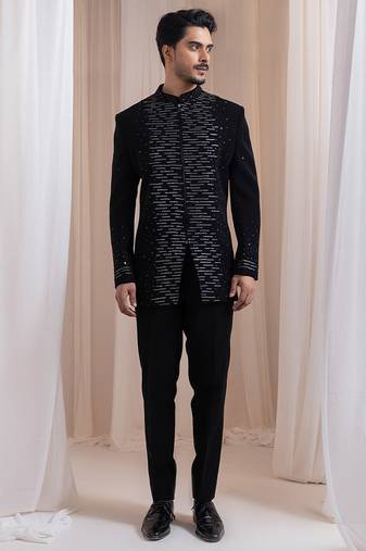 Black embroidered lycra Bandhgala Set