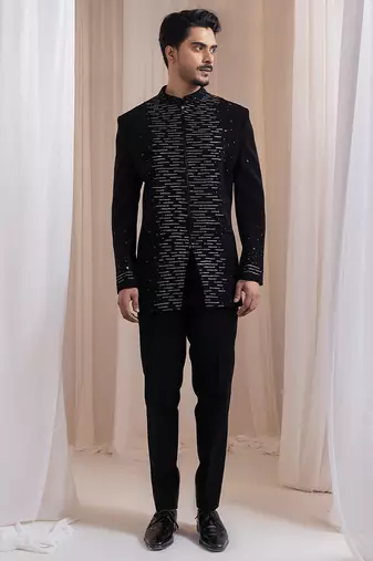 Black embroidered lycra Bandhgala Set