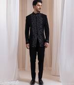 Black embroidered lycra Bandhgala Set