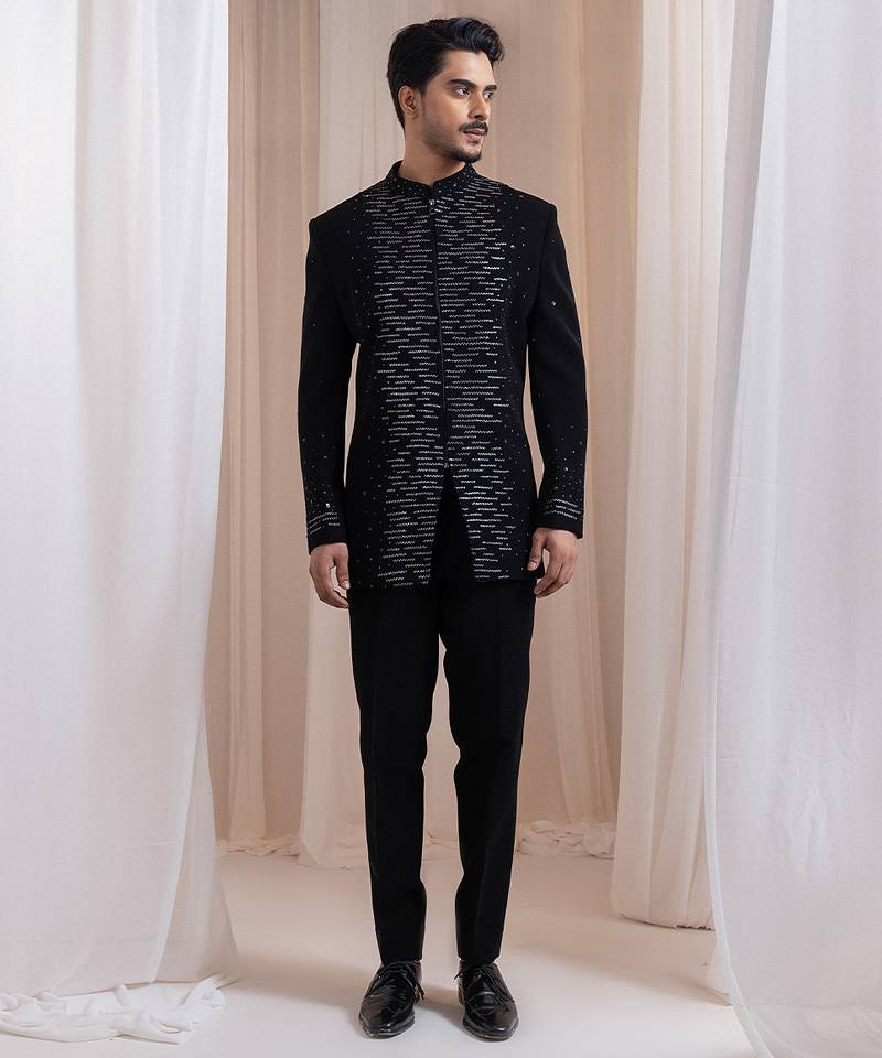 Black embroidered lycra Bandhgala Set