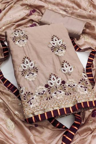 Light-brown embroidered chanderi semi stitched churidar dress-materials