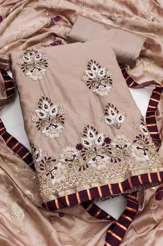 Light-brown embroidered chanderi semi stitched churidar dress-materials