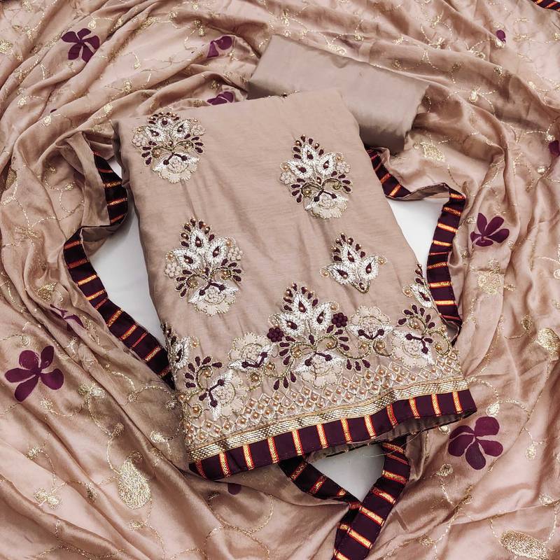 Light-brown embroidered chanderi semi stitched churidar dress-materials