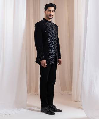 Black embroidered lycra Bandhgala Set 2