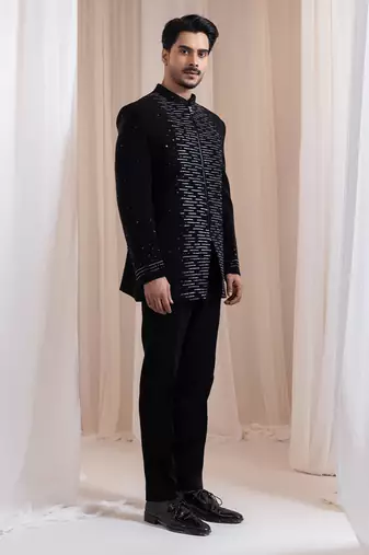 Black embroidered lycra Bandhgala Set