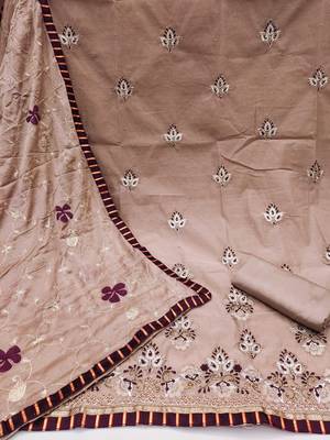 Light-brown embroidered chanderi churidar dress-materials 2