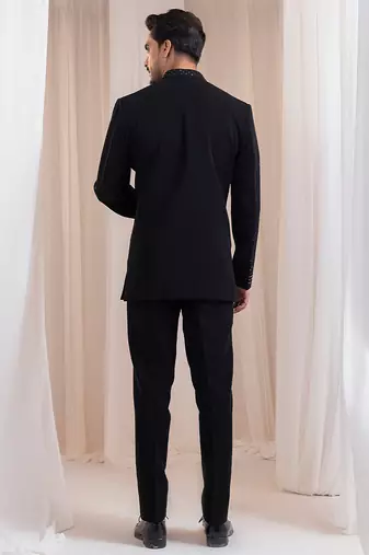 Black embroidered lycra Bandhgala Set