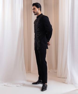 Black embroidered lycra Bandhgala Set 4