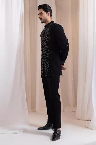 Black embroidered lycra Bandhgala Set