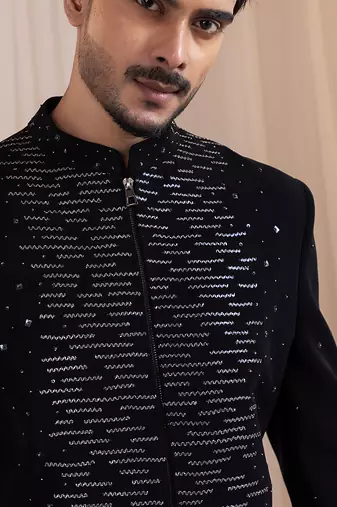 Black embroidered lycra Bandhgala Set