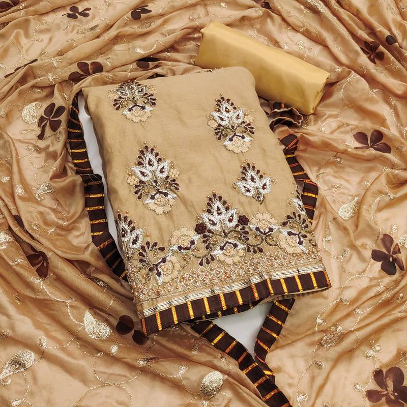 Beige embroidered chanderi semi stitched churidar dress-materials