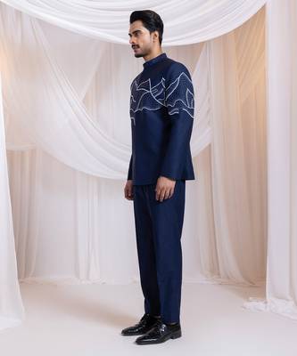 Blue embroidered cotton bandhgala set 2