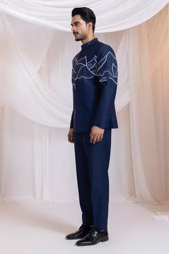 Blue embroidered cotton bandhgala set
