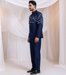 Blue embroidered cotton bandhgala set