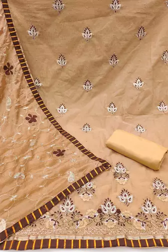 Beige embroidered chanderi churidar dress-materials