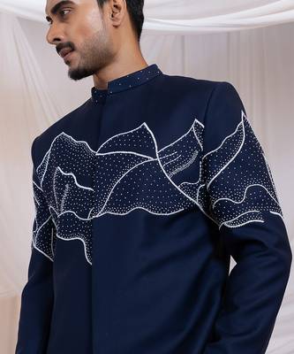 Blue embroidered cotton bandhgala set 3