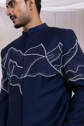 Blue embroidered cotton bandhgala set