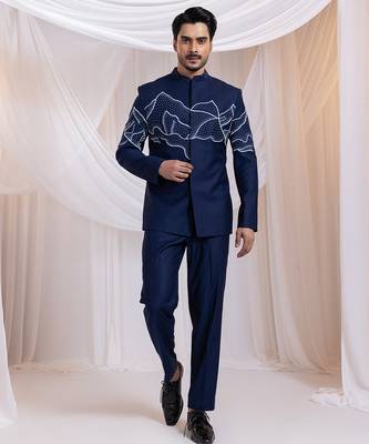 Blue embroidered cotton bandhgala set 1