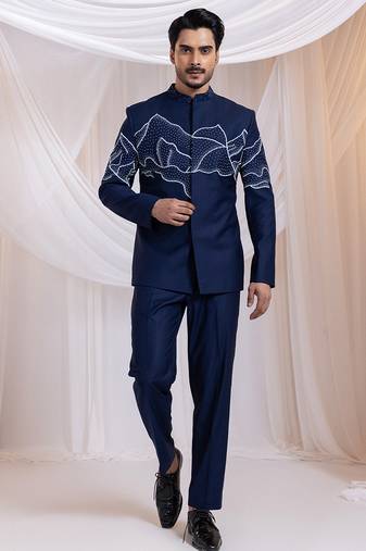 Blue embroidered cotton bandhgala set