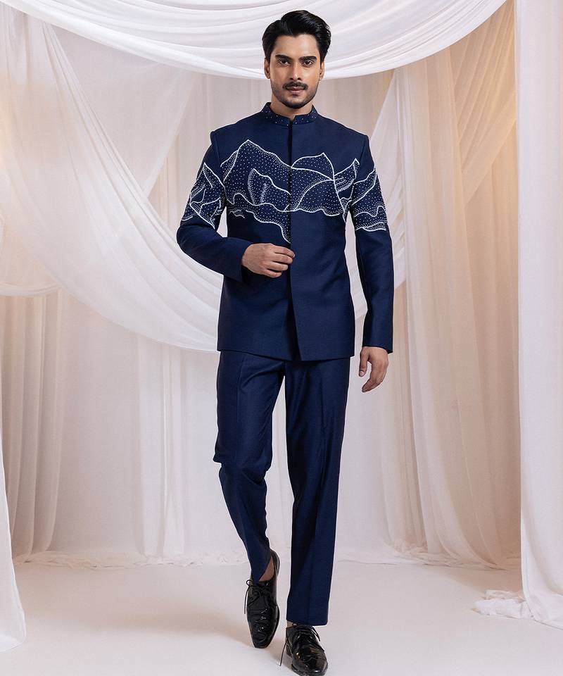 Blue embroidered cotton bandhgala set