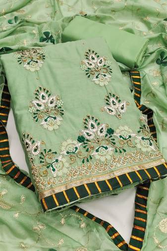 Light-green embroidered chanderi semi stitched churidar dress-materials