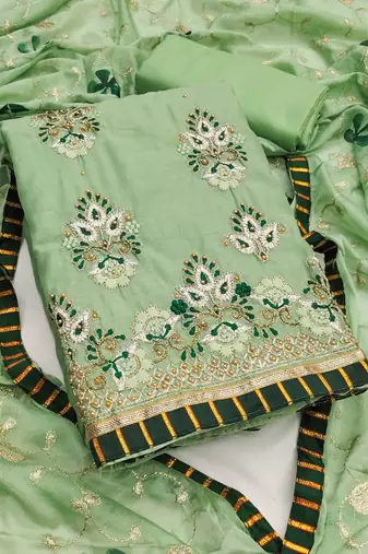 Light-green embroidered chanderi semi stitched churidar dress-materials