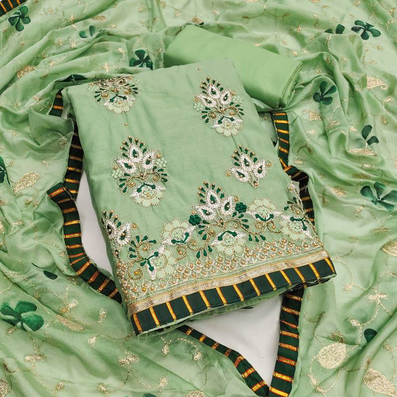 Light-green embroidered chanderi semi stitched churidar dress-materials
