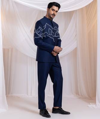 Blue embroidered cotton bandhgala set 4