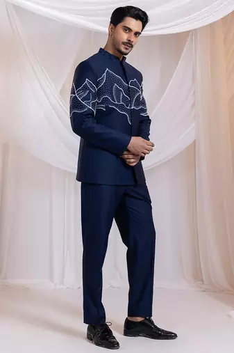 Blue embroidered cotton bandhgala set