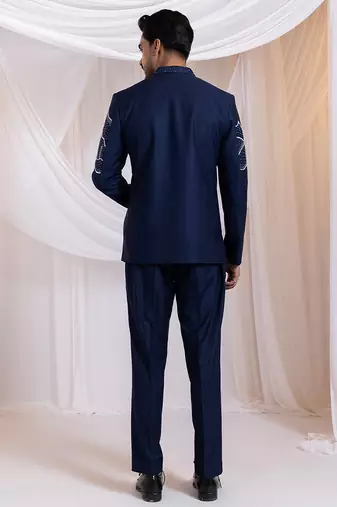 Blue embroidered cotton bandhgala set