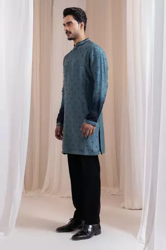 Green embroidered silk kurta pajama