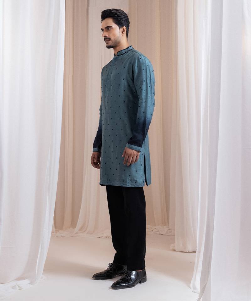 Green embroidered silk kurta pajama