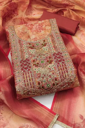 Peach hand embroidery cotton silk semi stitched churidar dress-materials