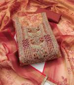 Peach hand embroidery cotton silk semi stitched churidar dress-materials