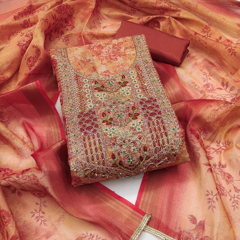 Peach hand embroidery cotton silk semi stitched churidar dress-materials