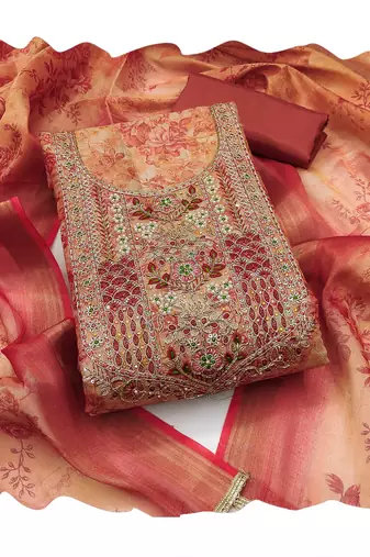 Peach hand embroidery cotton silk churidar dress-materials