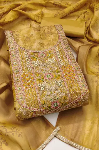 Light-green hand embroidery cotton silk semi stitched churidar dress-materials