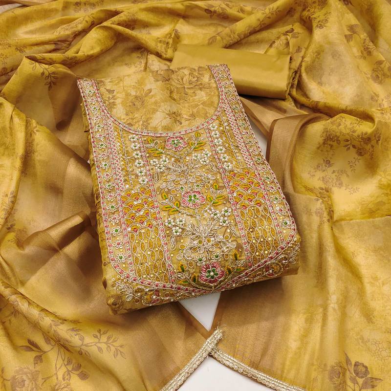 Light-green hand embroidery cotton silk semi stitched churidar dress-materials