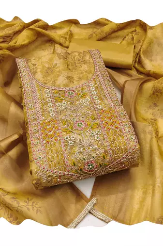 Light-green hand embroidery cotton silk semi stitched churidar dress-materials