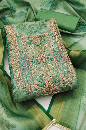 Sea-green hand embroidery cotton silk semi stitched churidar dress-materials