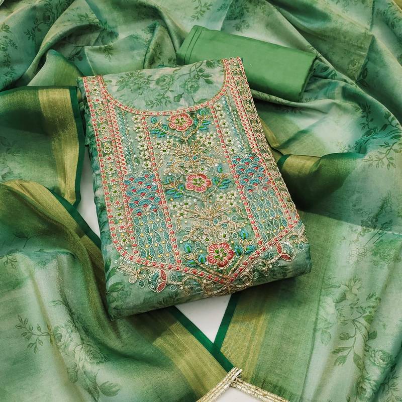 Sea-green hand embroidery cotton silk semi stitched churidar dress-materials
