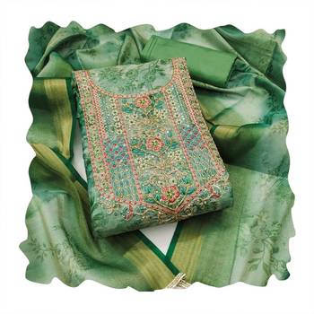 Sea-green hand embroidery cotton silk semi stitched churidar dress-materials 4