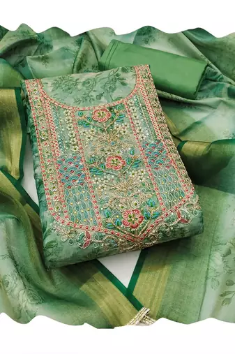 Sea-green hand embroidery cotton silk semi stitched churidar dress-materials