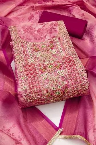 Pink hand embroidery cotton silk semi stitched churidar dress-materials
