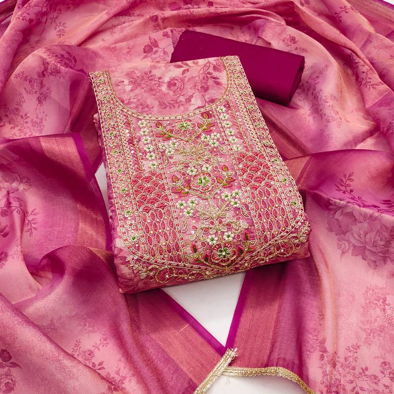 Pink hand embroidery cotton silk semi stitched churidar dress-materials
