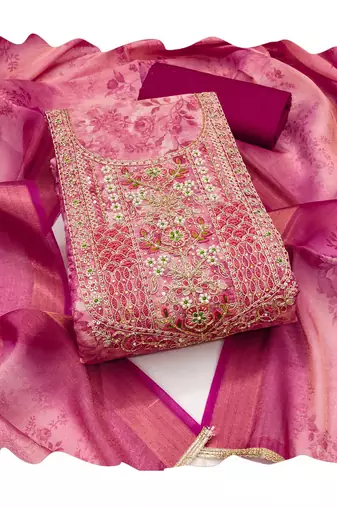 Pink hand embroidery cotton silk semi stitched churidar dress-materials