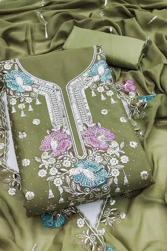 Light-green sequins georgette semi stitched churidar dress-materials