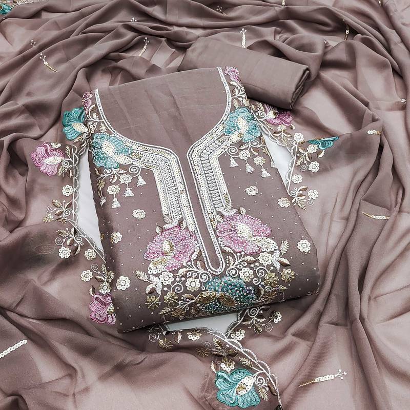 Grey sequins georgette semi stitched churidar dress-materials